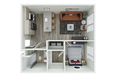 Floor plan for 1 bed, 1 bath, 624 sqft